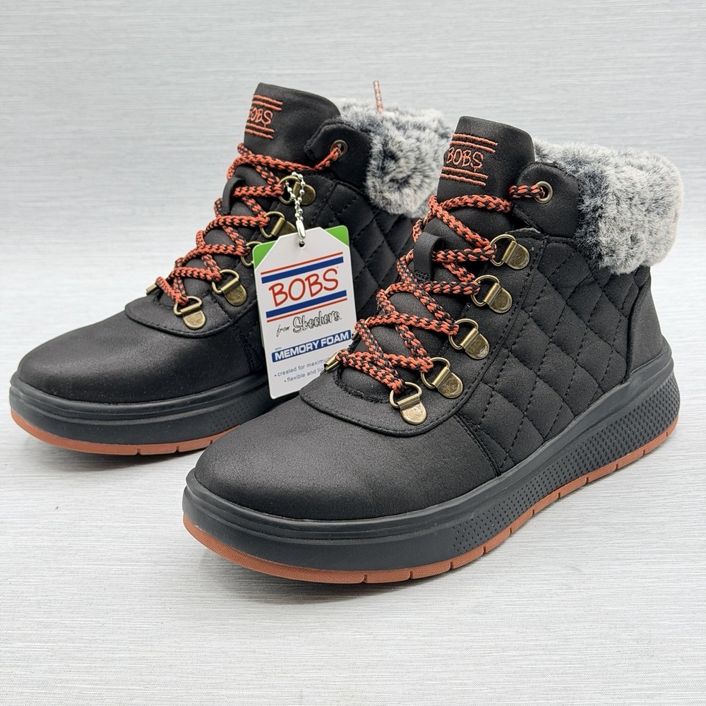 Skechers BOBS Women's 5 Ankle Boots Black Quilted Faux Fur Winter 114271